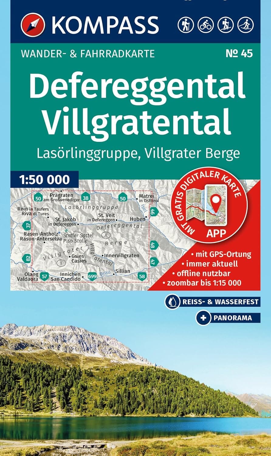 Carte de randonnée n° 45 - Defereggental, Villgratental, Lasörlinggruppe, Villgrater Berge (Tyrol, Autriche) | Kompass carte de randonnée Kompass 