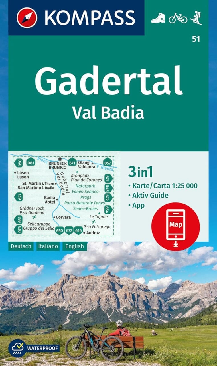 Carte de randonnée n° 51 - Gadertal, Val Badia (Italie) | Kompass carte de randonnée Kompass