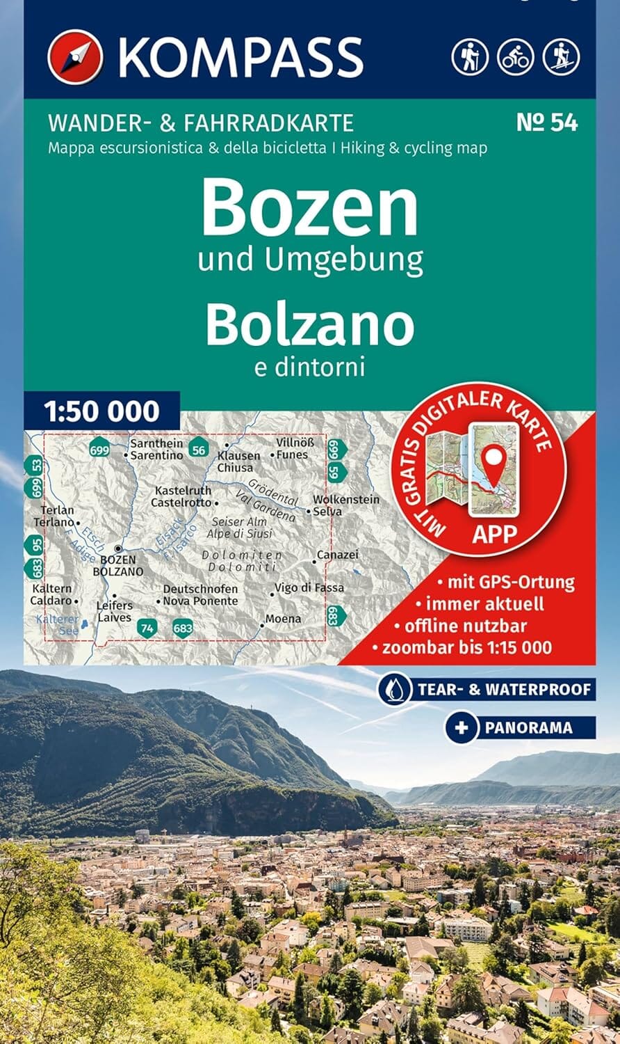 Carte de randonnée n° 54 - Bozen / Bolzano & environs (Italie) | Kompass carte de randonnée Kompass