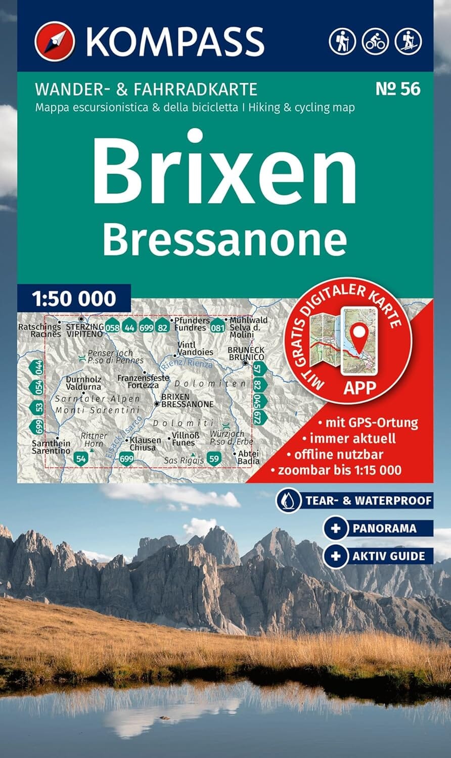 Carte de randonnée n° 56 - Brixen, Bressanone (Italie) | Kompass carte de randonnée Kompass 