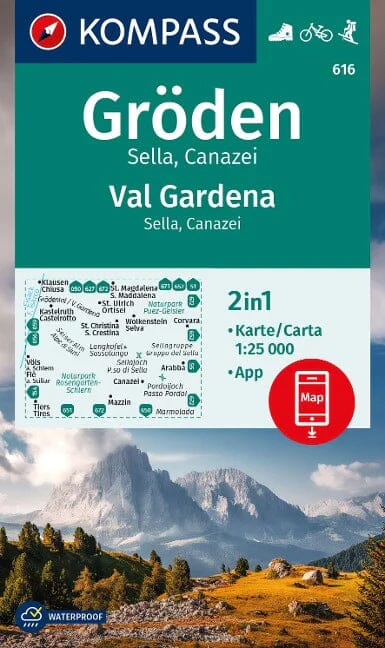 Carte de randonnée n° 616 - Val Gardena, Sella, Canazei (Italie) | Kompass carte de randonnée Kompass