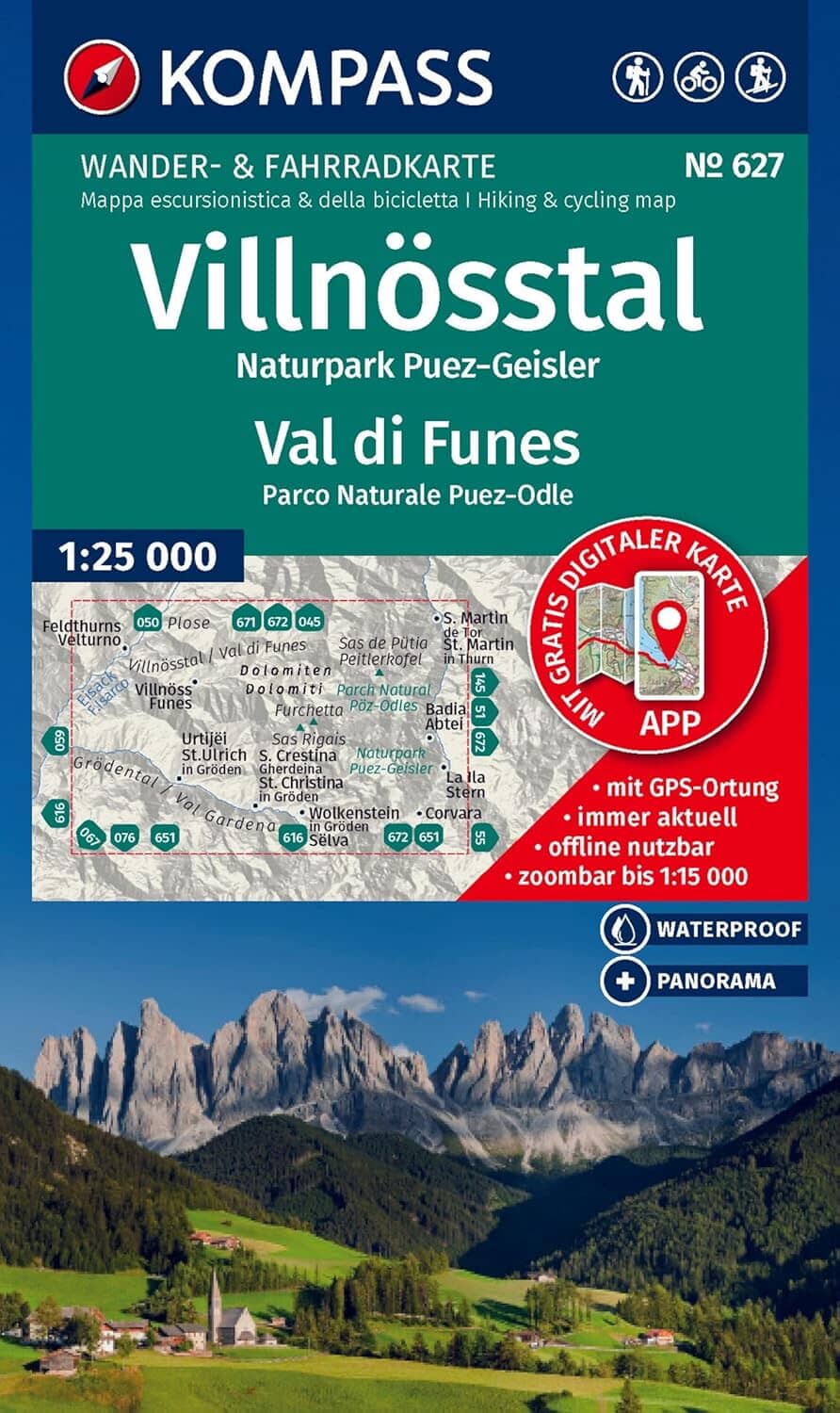 Carte de randonnée n° 627 - Villnösstal / Val di Funes (Tyrol du Sud) | Kompass carte pliée Kompass 