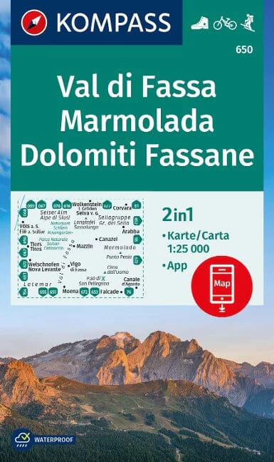 Carte de randonnée n° 650 - Val di Fassa, Marmolada, Dolomiti Fassane (Italie) | Kompass carte pliée Kompass 