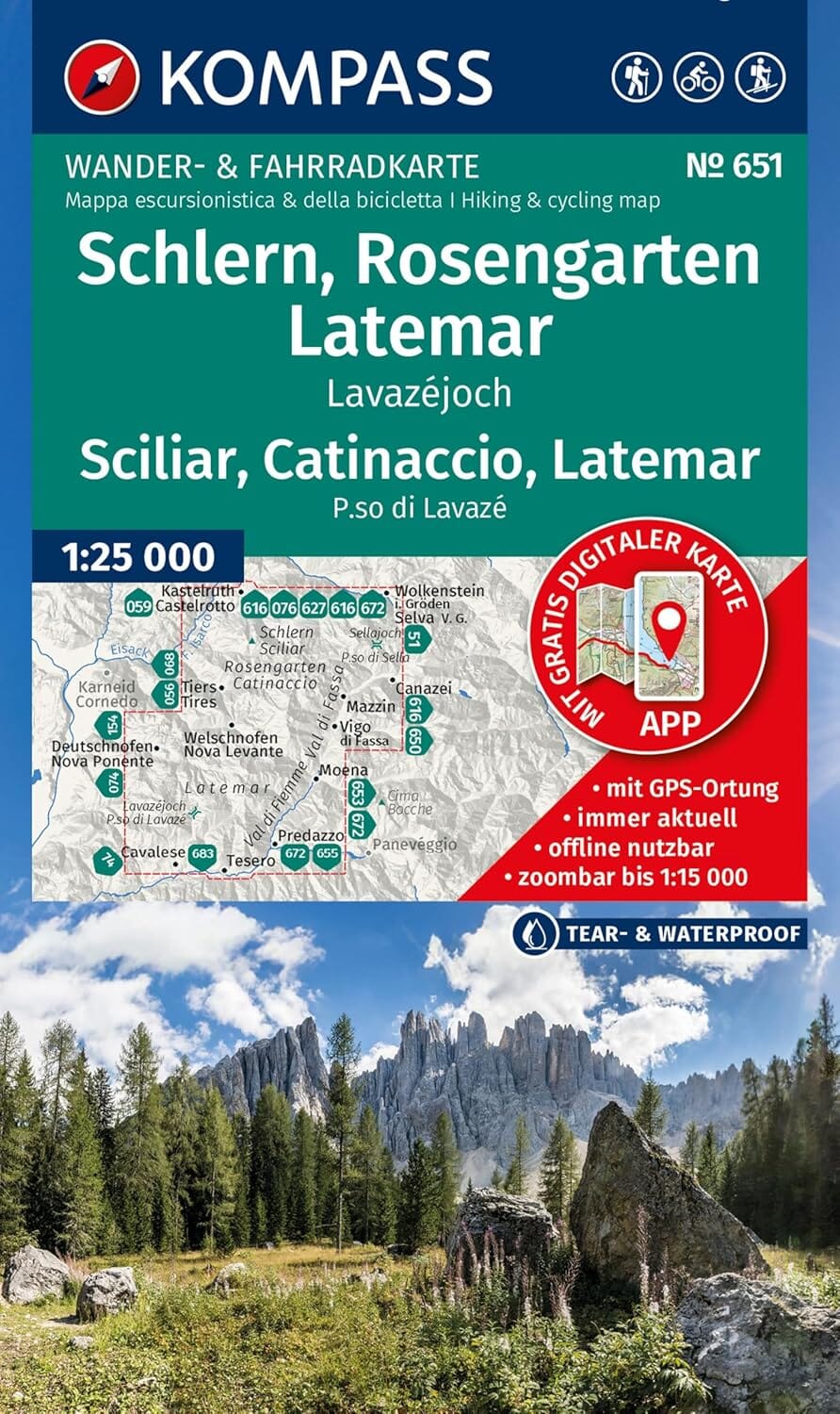Carte de randonnée n° 651 - Schlern, Rosengarten, Latemar (Italie) | Kompass carte de randonnée Kompass 