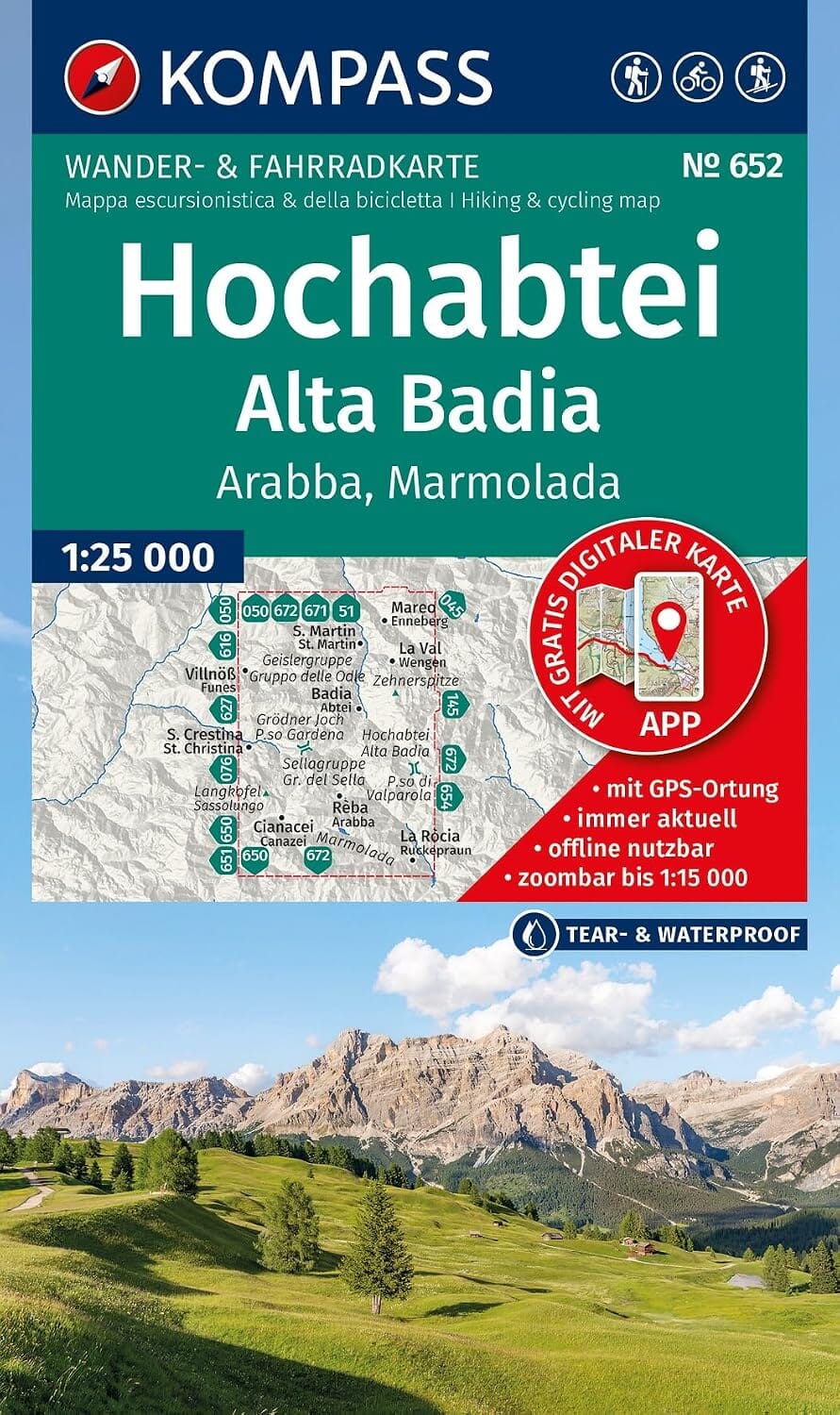Carte de randonnée n° 652 - Alta Badia, Arabba & Marmolada (Italie) | Kompass -1:50 000 carte de randonnée Kompass 