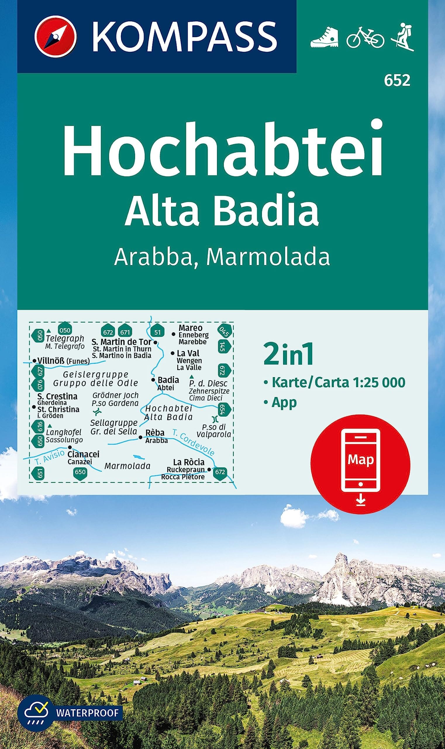 Carte de randonnée n° 652 - Hochabtei, Alta Badia, Arabba, Marmolada (Italie) | Kompass carte de randonnée Kompass