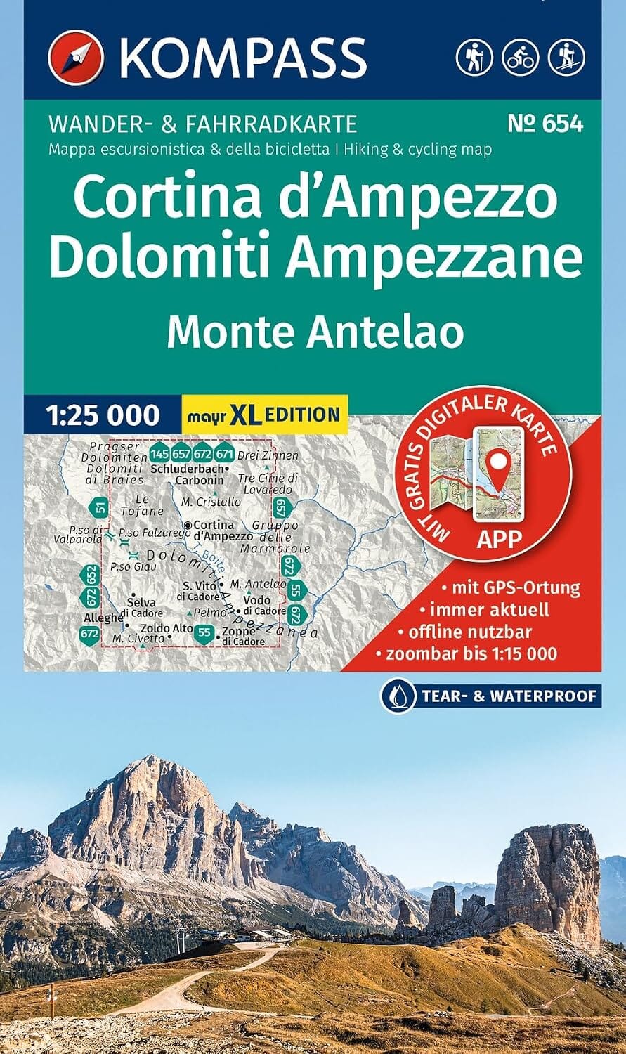 Carte de randonnée n° 654 - Cortina d'Ampezzo, Dolomiti Ampezzane & Monte Antelao | Kompass – 1:25 000 carte de randonnée Kompass 