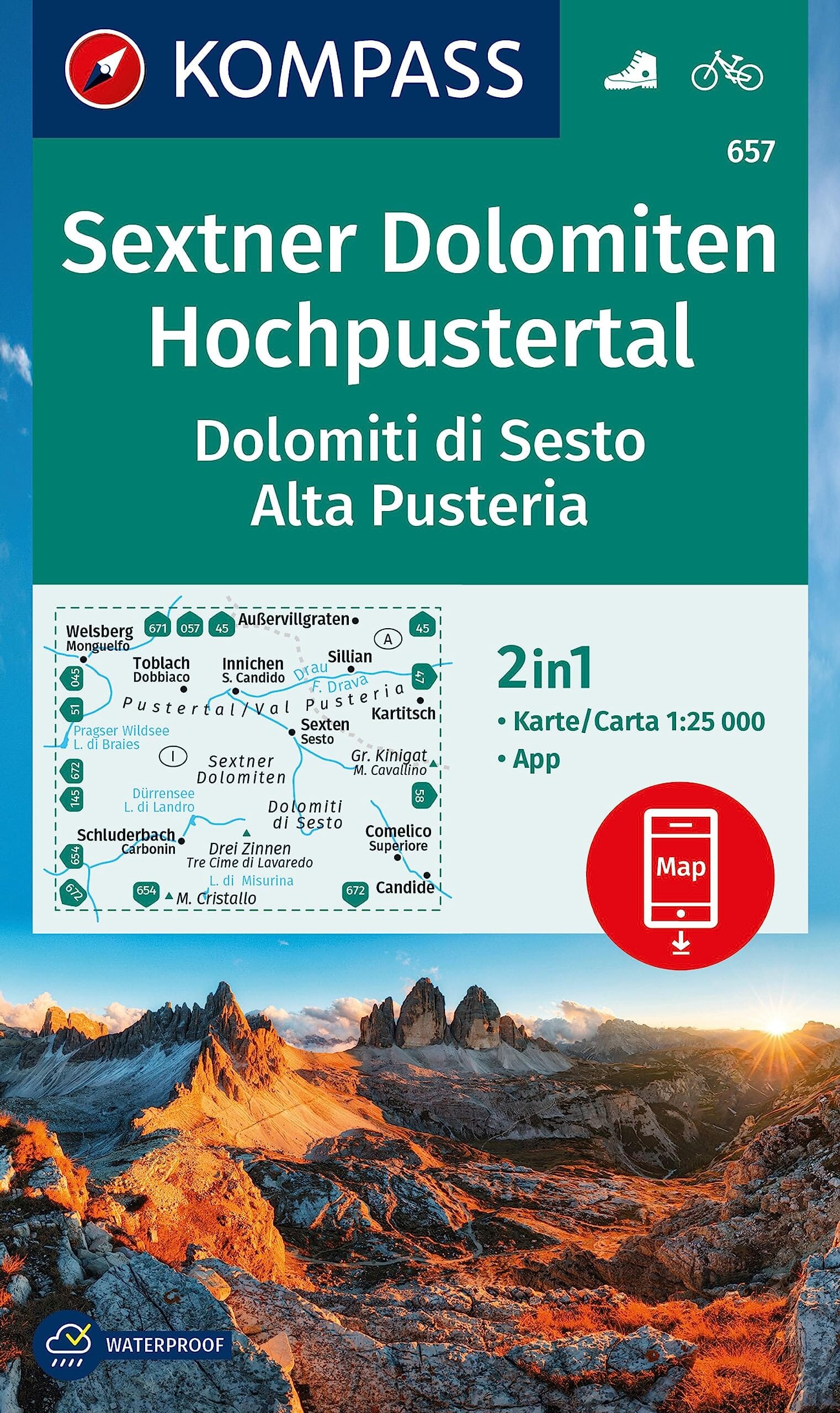 Carte de randonnée n° 657 - Sextner Dolomiten, Hochpustertal / Dolomiti di Sesto, Alta Pusteria (Italie) | Kompass carte de randonnée Kompass