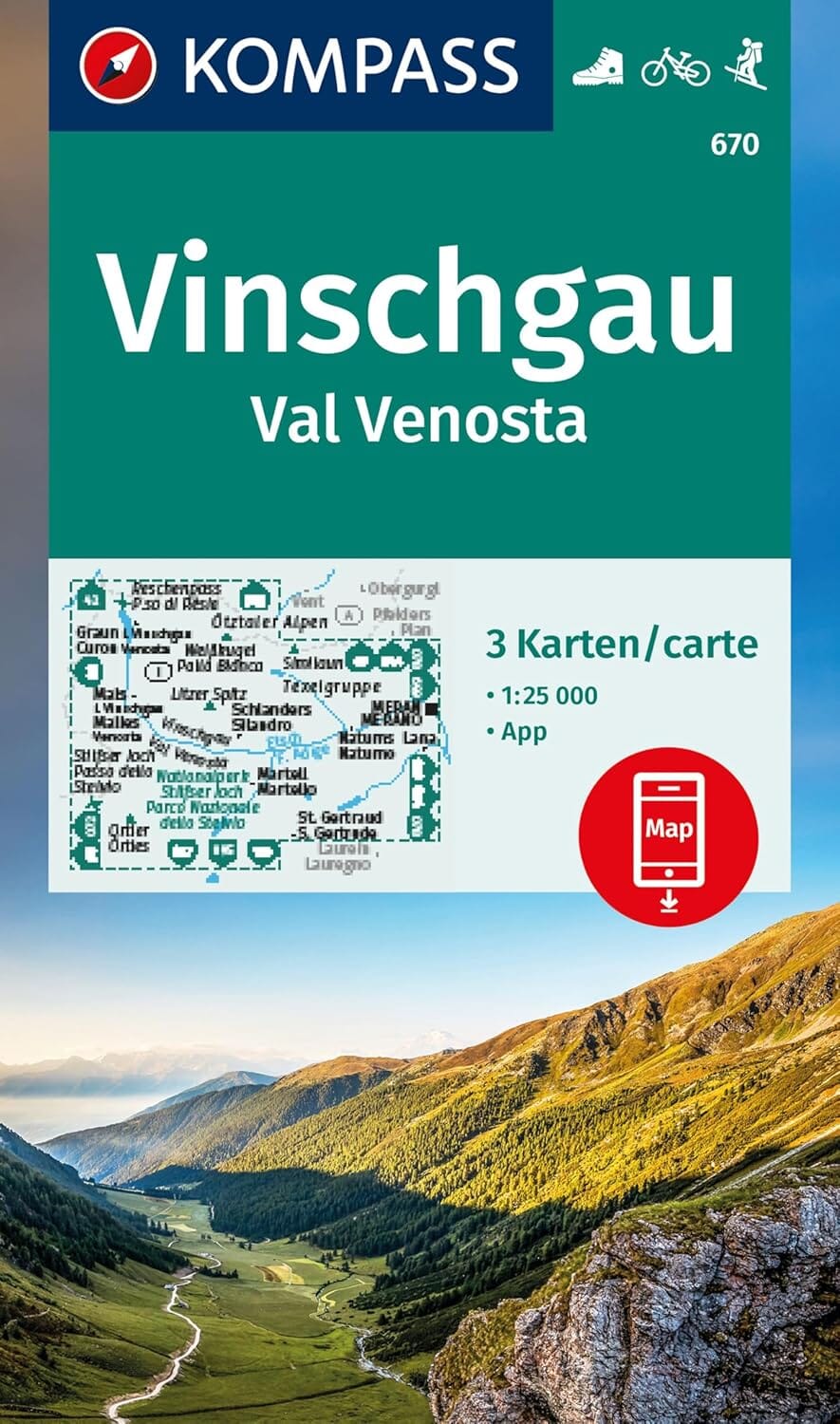 Carte de randonnée n° 670 - Vinschgau / Val Venosta - lot de 3 cartes (Italie) | Kompass carte de randonnée Kompass