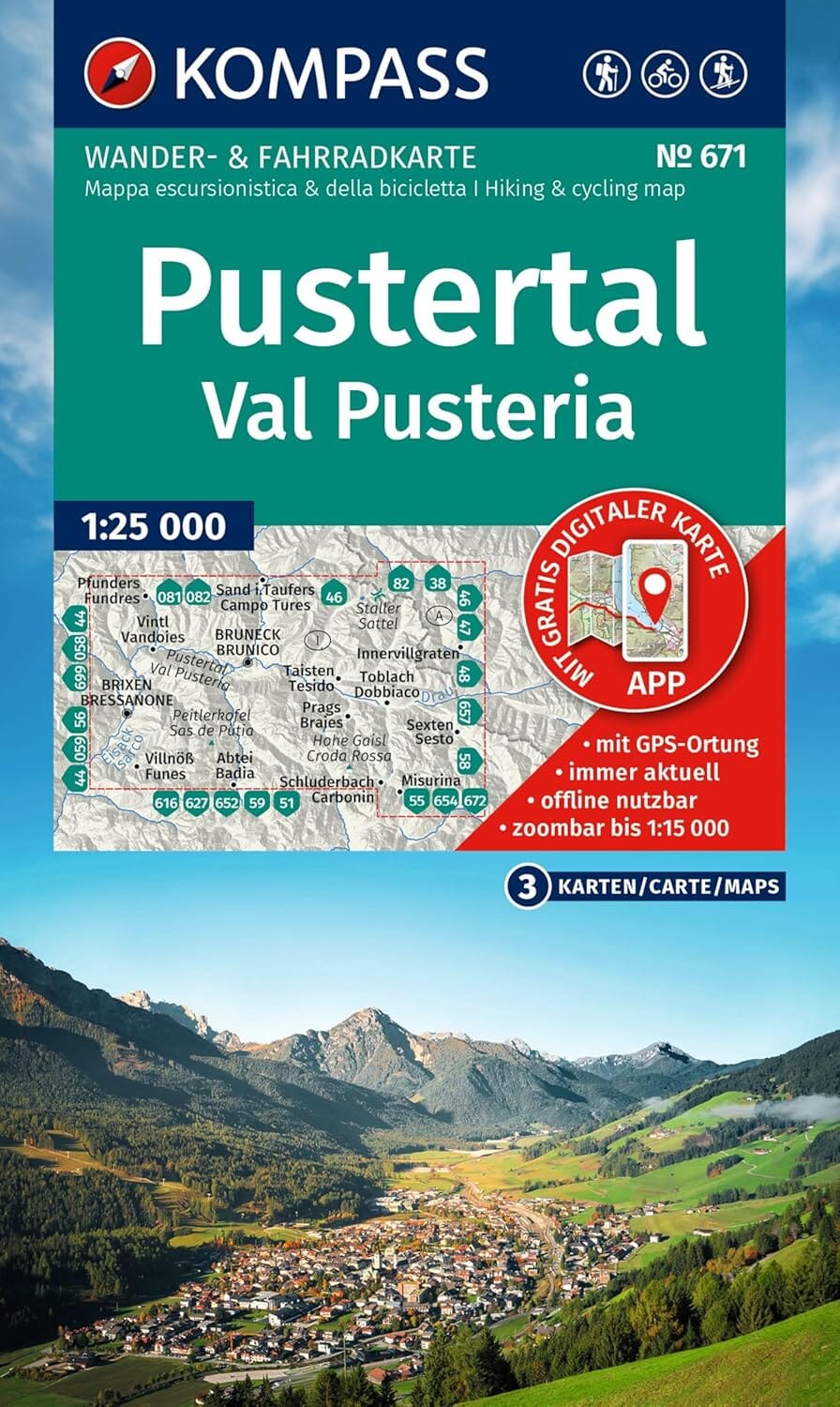 Puster Valley Map Hiking map No. 671 - Pustertal / Val Pusteria (Italy) | Kompass – Cartovia