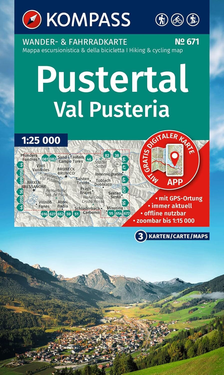 Carte de randonnée n° 671 - Pustertal / Val Pusteria (Italie) | Kompass carte pliée Kompass 