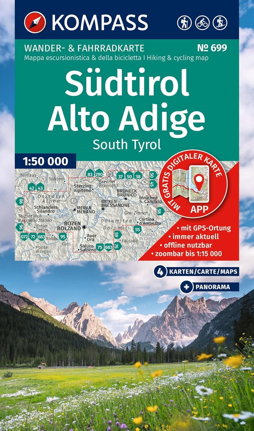 Carte de randonnée n° 699 - Südtirol, Alto Adige (Italie) - Lot de 4 cartes | Kompass carte de randonnée Kompass