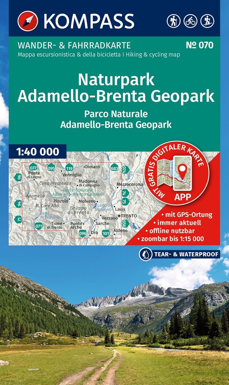 Carte de randonnée n° 70 - Parc naturel Adamello-Brenta Geopark (Trentin, Italie) | Kompass carte de randonnée Kompass