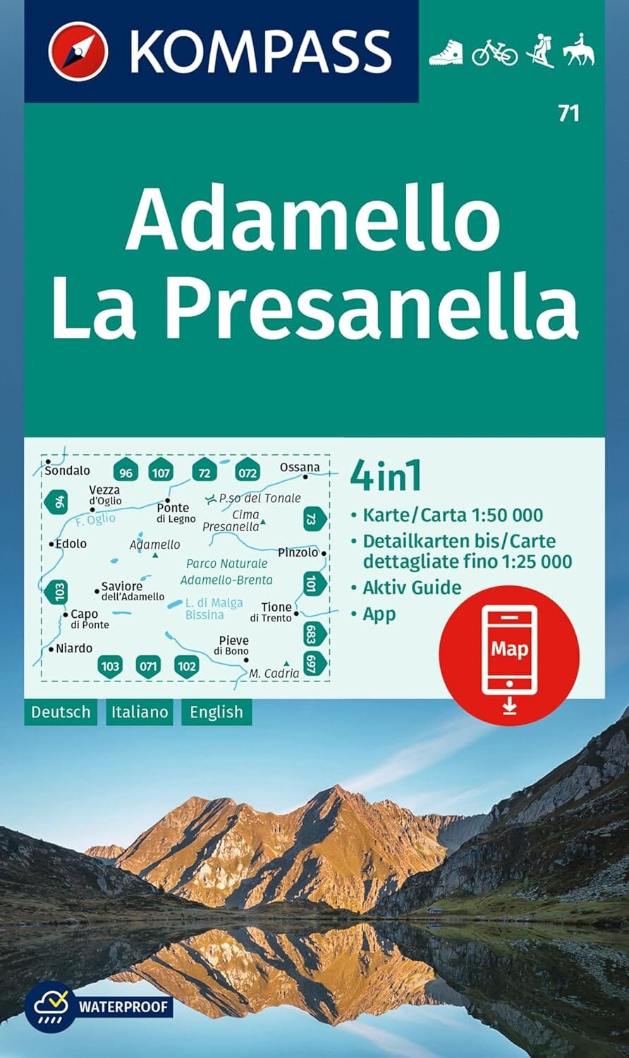 Carte de randonnée n° 71 - Adamello, La Presanella (Italie) | Kompass carte de randonnée Kompass