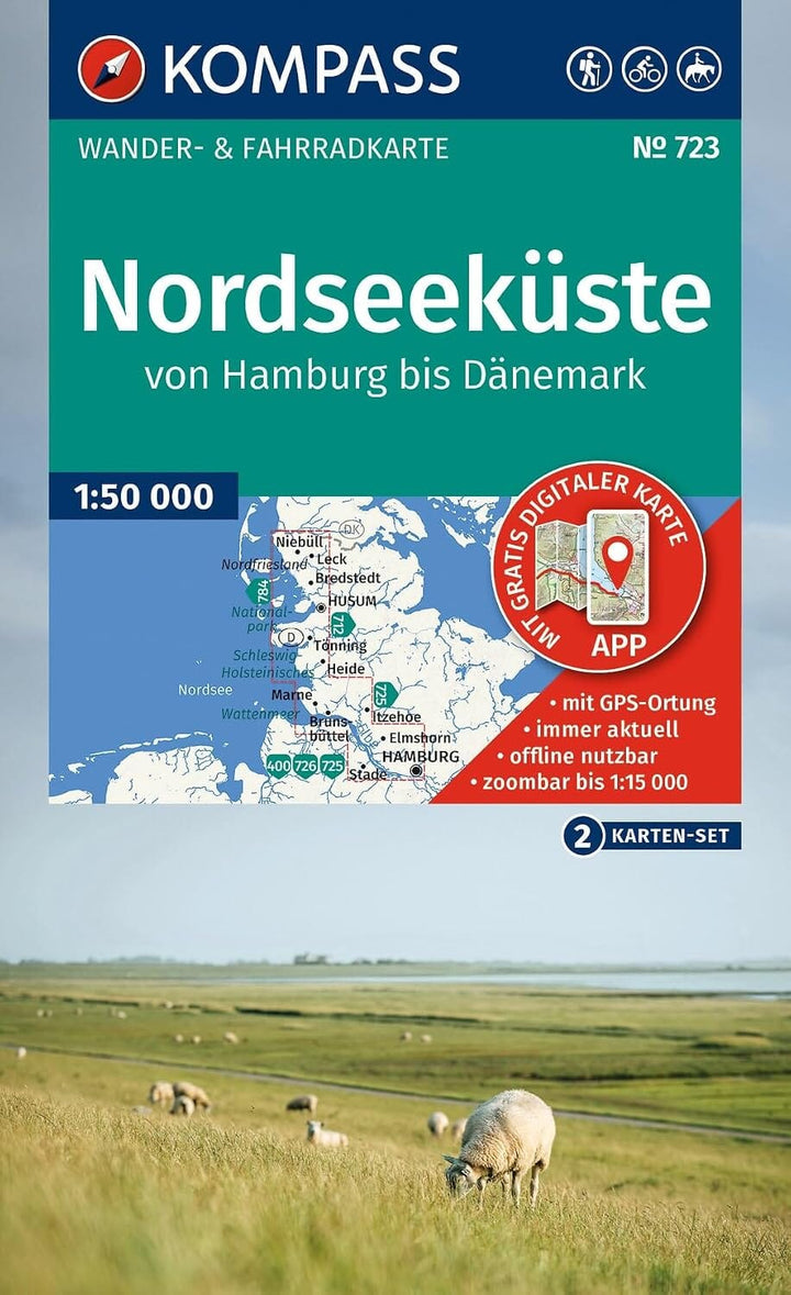 Carte de randonnée n° 723 - Côte de la mer du Nord, de Hambourg au Danemark (Allemagne) | Kompass carte de randonnée Kompass 