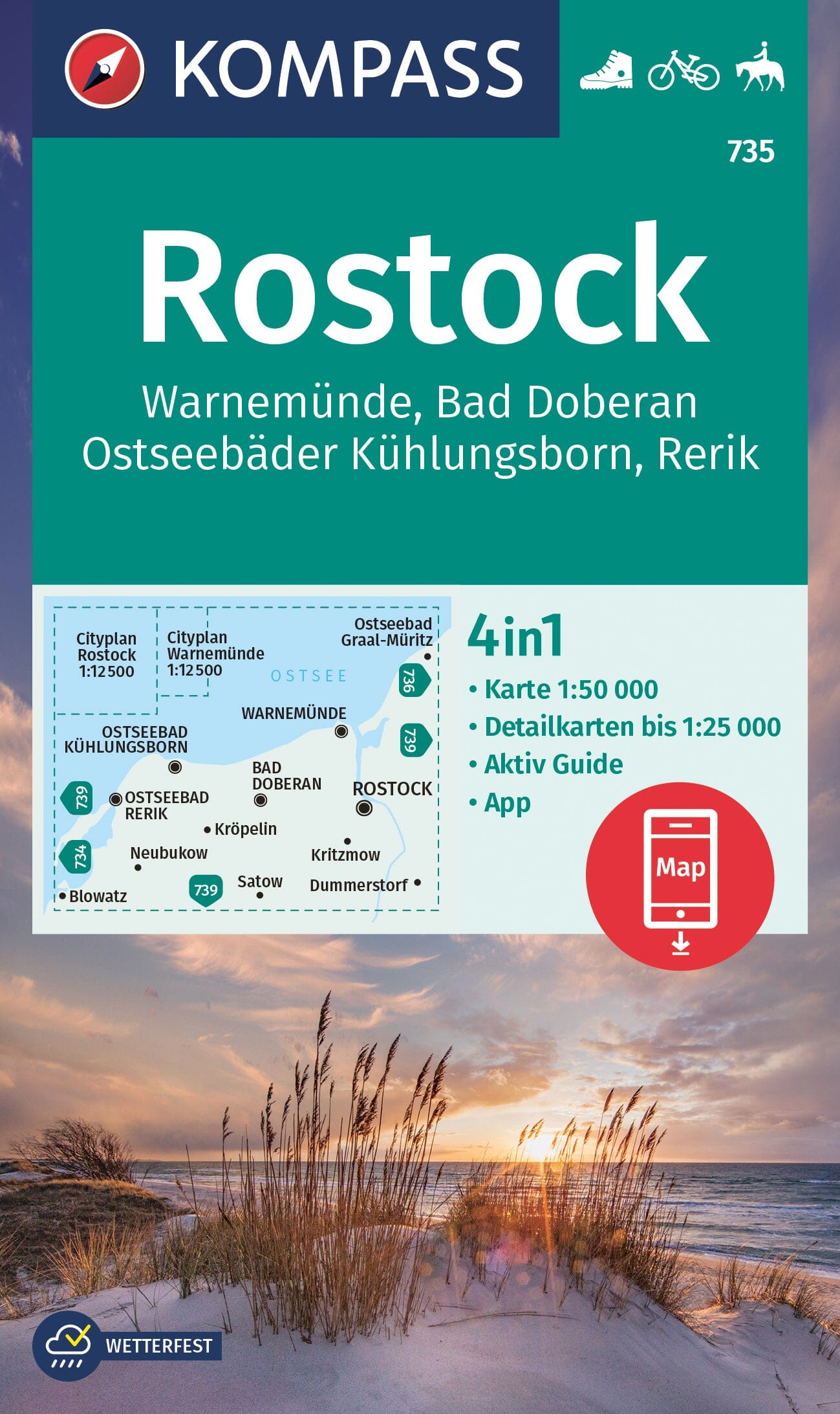 Carte de randonnée n° 735 - Rostock, Warnemünde, Bad Doberan, Ostseebäder Kühlungsborn, Rerik (Allemagne) | Kompass carte de randonnée Kompass