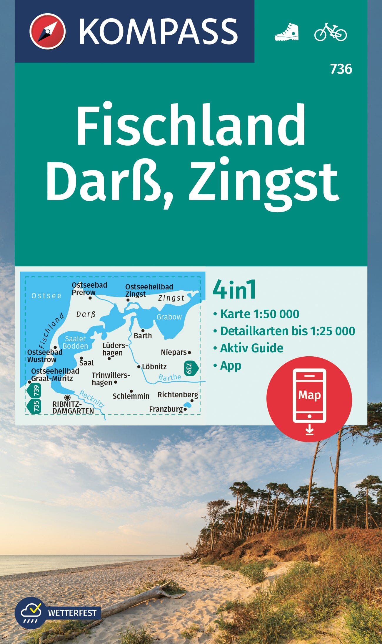 Carte de randonnée n° 736 - Fischland, Darß, Zingst (Allemagne) | Kompass carte de randonnée Kompass