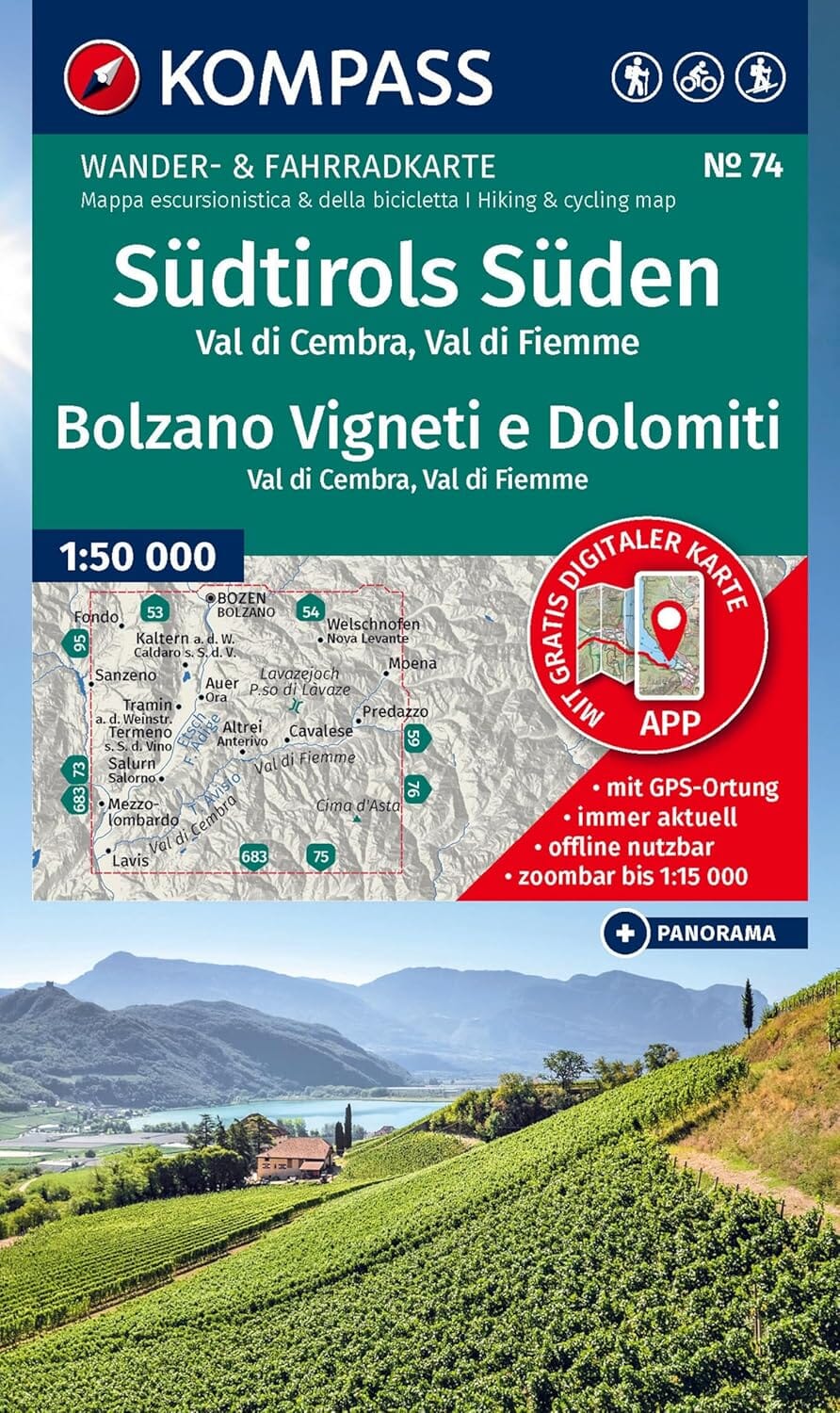Carte de randonnée n° 74 - Sud Tyrol, Bolzano Vigneti et Dolomites (Italie) | Kompass carte de randonnée Kompass