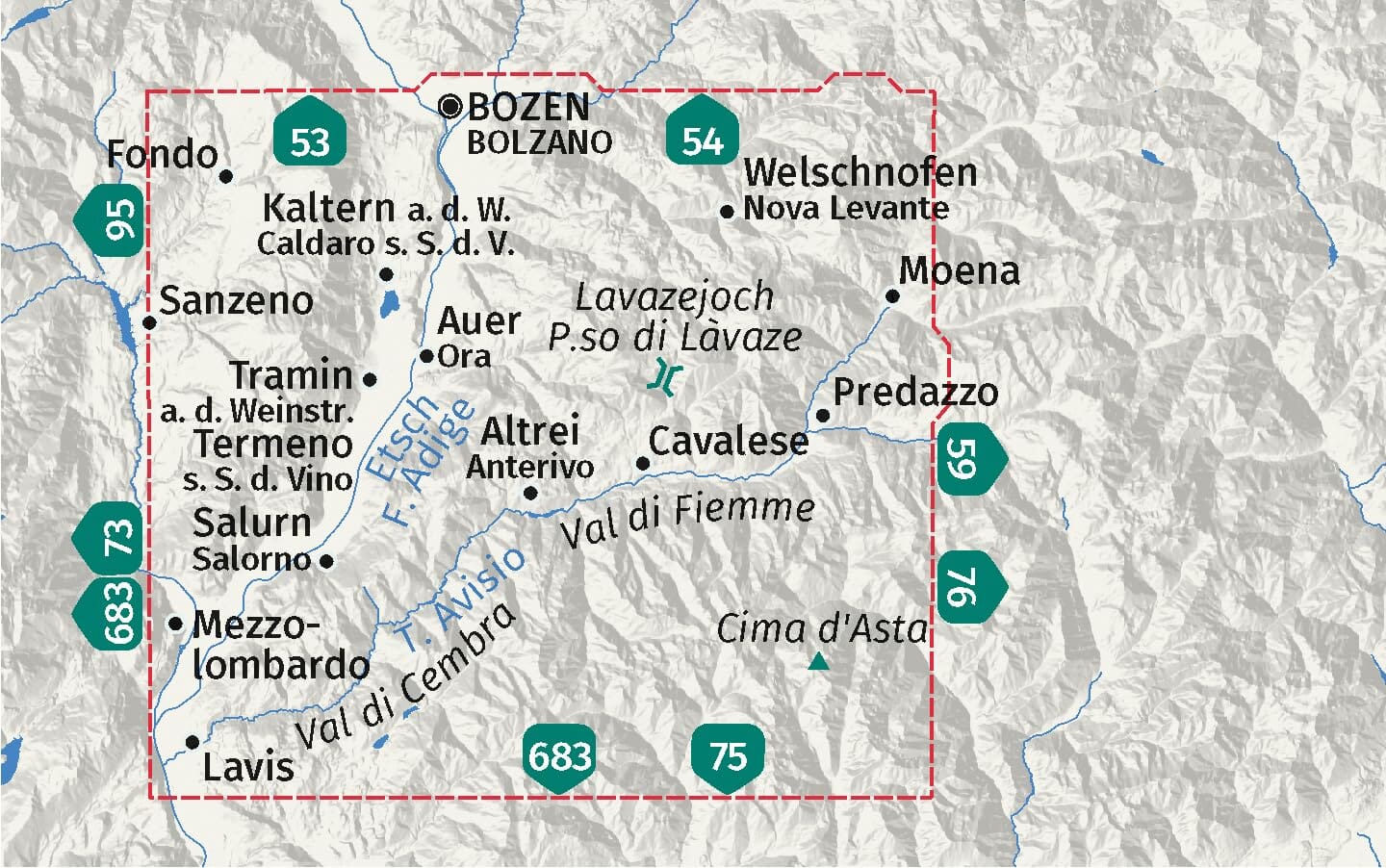 Carte de randonnée n° 74 - Sud Tyrol, Bolzano Vigneti et Dolomites (Italie) | Kompass carte de randonnée Kompass