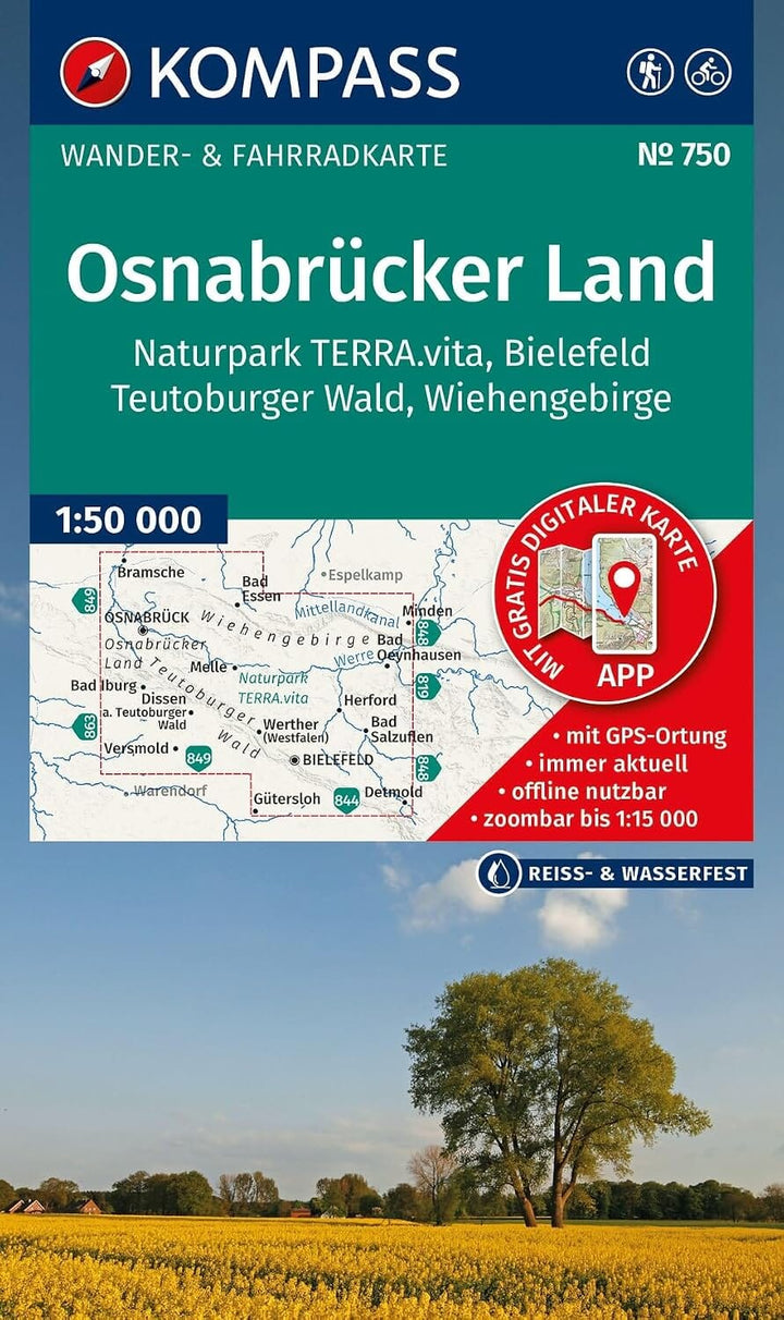 Carte de randonnée n° 750 - Osnabrück, TERRA.vita, Bielefeld & Forêt de Teutoburg (Allemagne) | Kompass – 1:50 000 carte de randonnée Kompass 