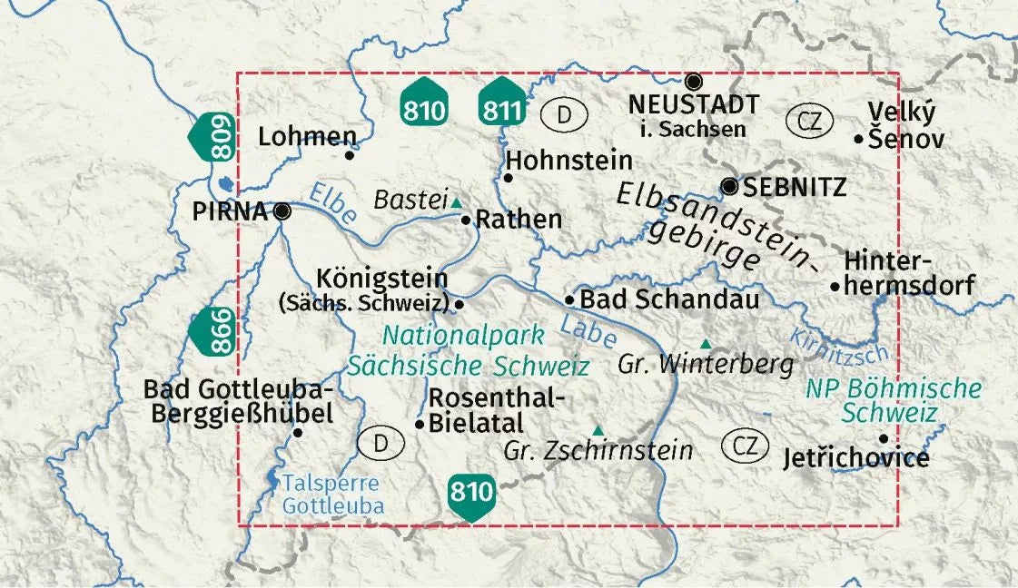 Carte de randonnée n° 761 - Elbsandsteingebirge (massif gréseux de l'Elbe), Parc National de la Suisse saxonne & Parc National de la Suisse bohémienne (Allemagne) | Kompass carte de randonnée Kompass