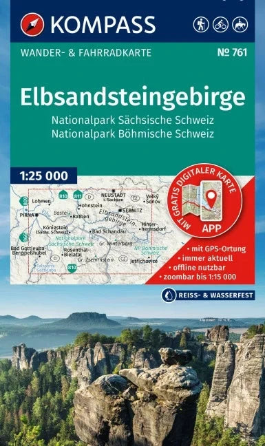 Carte de randonnée n° 761 - Elbsandsteingebirge (massif gréseux de l'Elbe), Parc National de la Suisse saxonne & Parc National de la Suisse bohémienne (Allemagne) | Kompass carte de randonnée Kompass