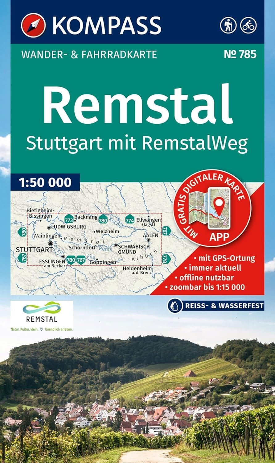 Carte de randonnée n° 785 - Remstal, Stutgart, avec Remstalweg (Allemagne) | Kompass carte de randonnée Kompass 