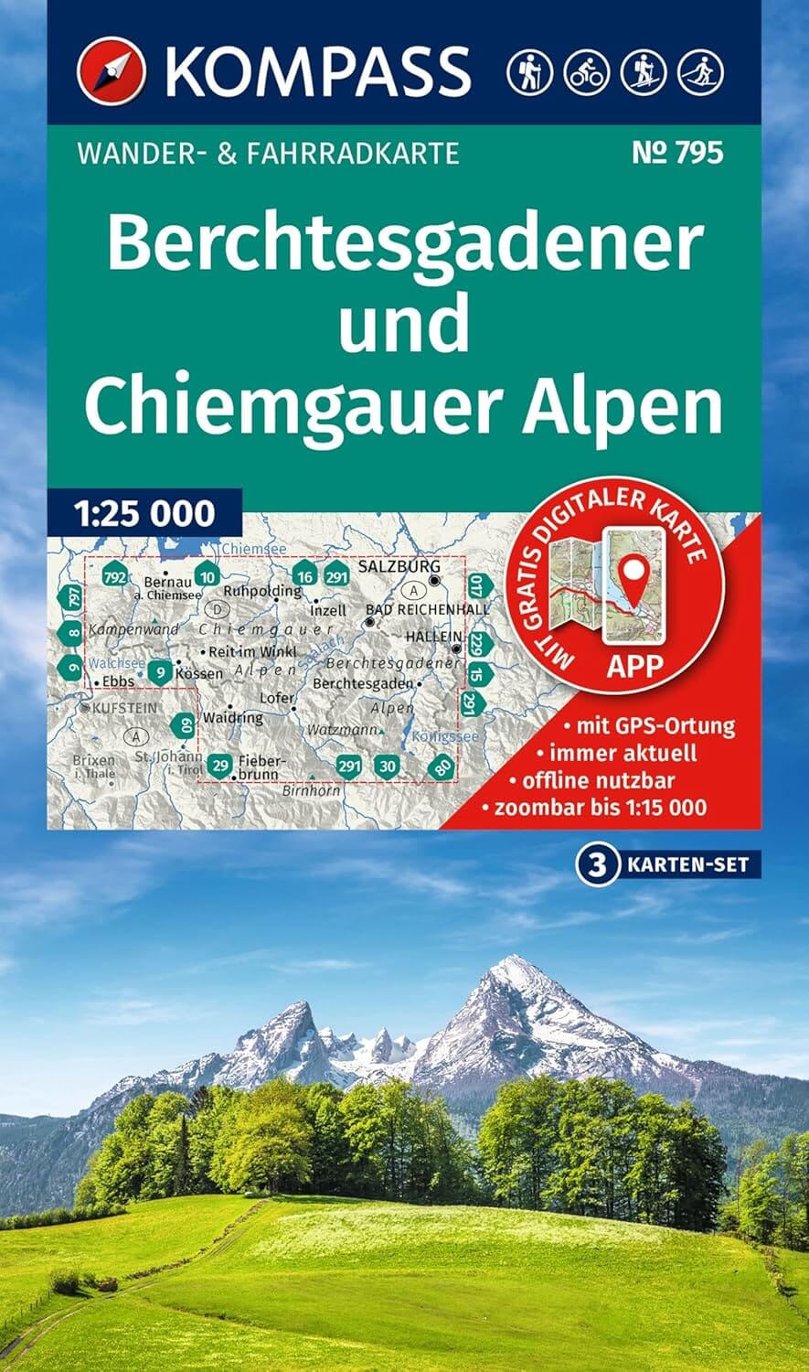 Carte de randonnée n° 795 - Alpes de Berhtesgaden et de Chiemgau (Allemagne) | Kompass carte de randonnée Kompass
