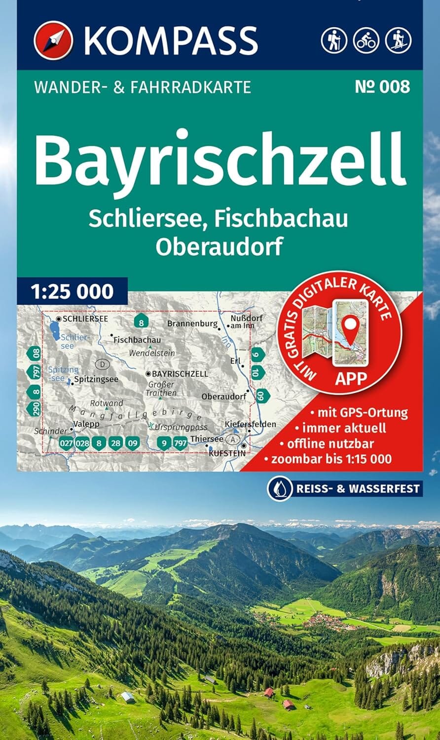Carte de randonnée n° 8 - Bayrischzell, Schliersee, Fischbachau, Oberaudorf (Allemagne) | Kompass carte de randonnée Kompass