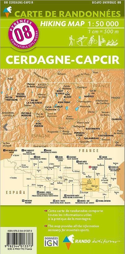 Carte de randonnée n° 8 - Cerdagne et Capcir (Pyrénées Catalanes) - VERSION MURALE ET PLASTIFIE | Rando Editions carte murale roulée (en tube) Rando Editions