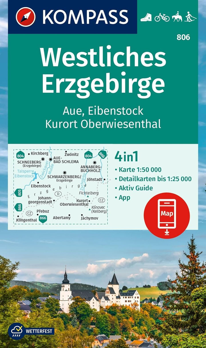 Carte de randonnée n° 806 - Erzgebirge Westliches, Aue, Eibenstock, Kurort Oberw. (Allemagne) | Kompass carte pliée Kompass 