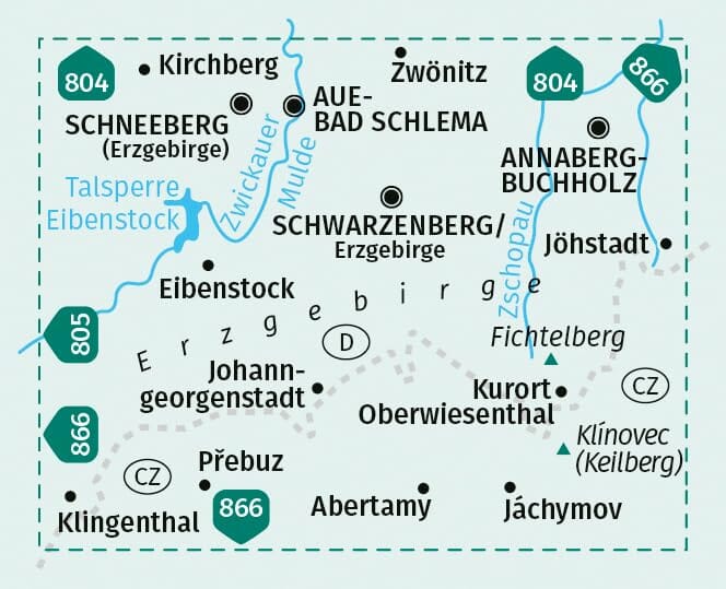 Carte de randonnée n° 806 - Erzgebirge Westliches, Aue, Eibenstock, Kurort Oberw. (Allemagne) | Kompass carte de randonnée Kompass