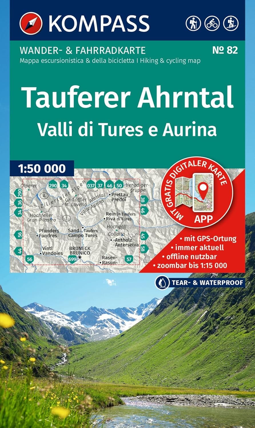 Carte de randonnée n° 82 - Tauferer Ahrntal, Valli di Tures e Aurina (Tyrol du Sud) | Kompass carte pliée Kompass 