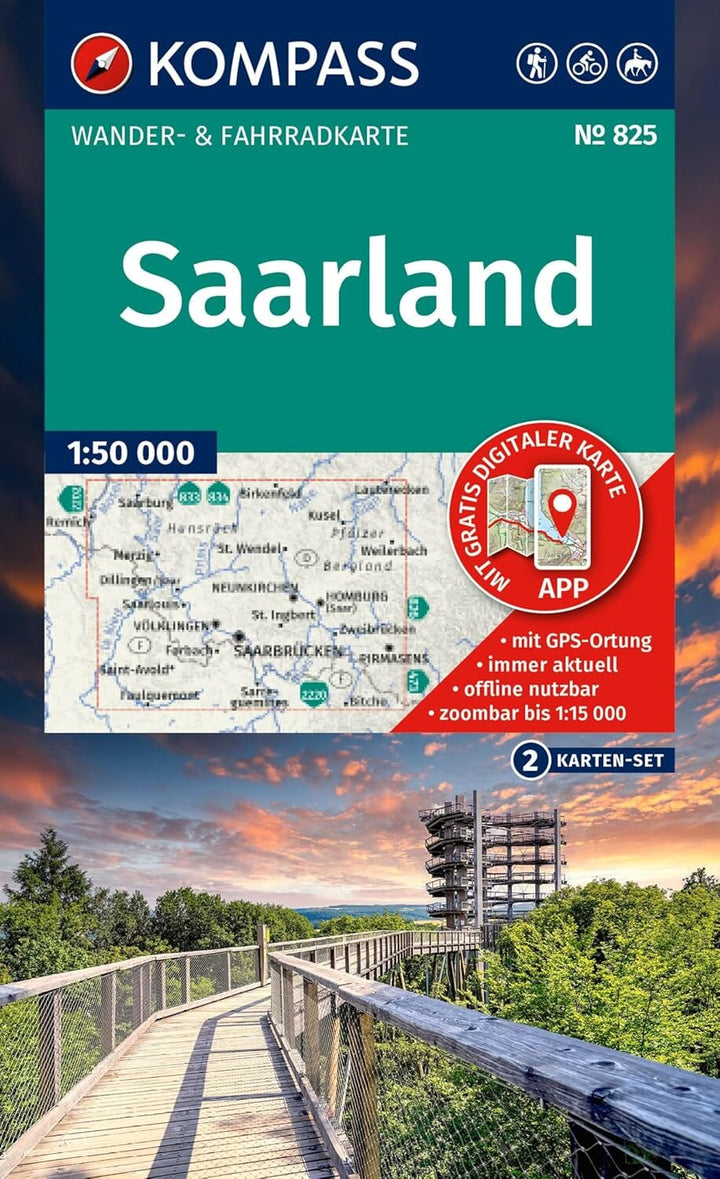 Carte de randonnée n° 825 - Saarland (Allemagne) | Kompass carte de randonnée Kompass 