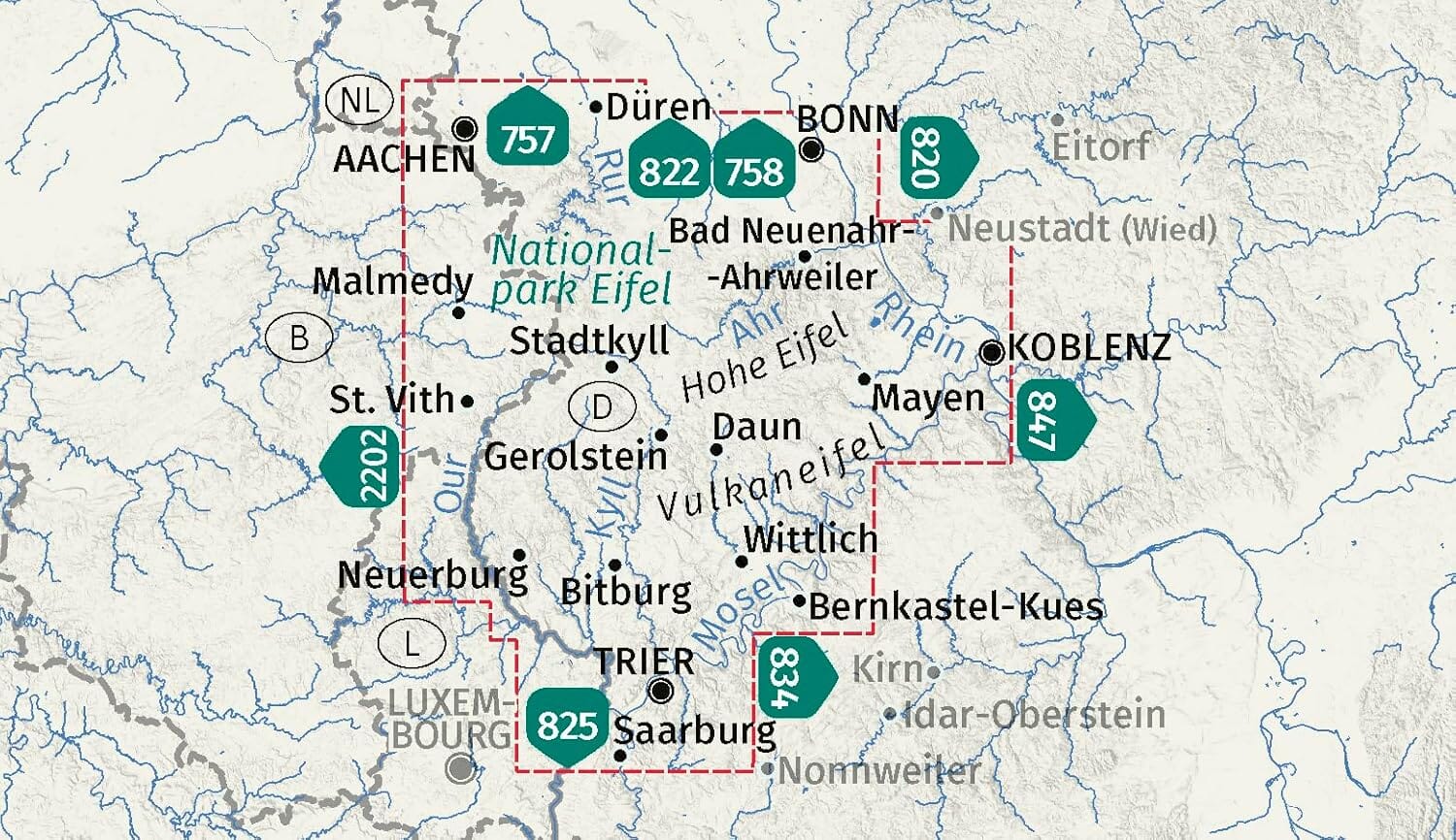 Carte de randonnée n° 833 - Eifel (Allemagne), lot de 4 cartes | Kompass carte de randonnée Kompass
