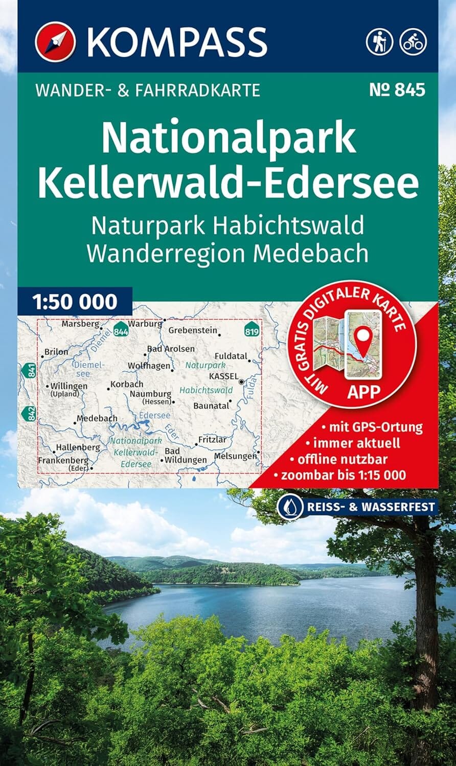 Carte de randonnée n° 845 - Kellerwald-Edersee National Park, Medebach (Allemagne) | Kompass carte de randonnée Kompass 