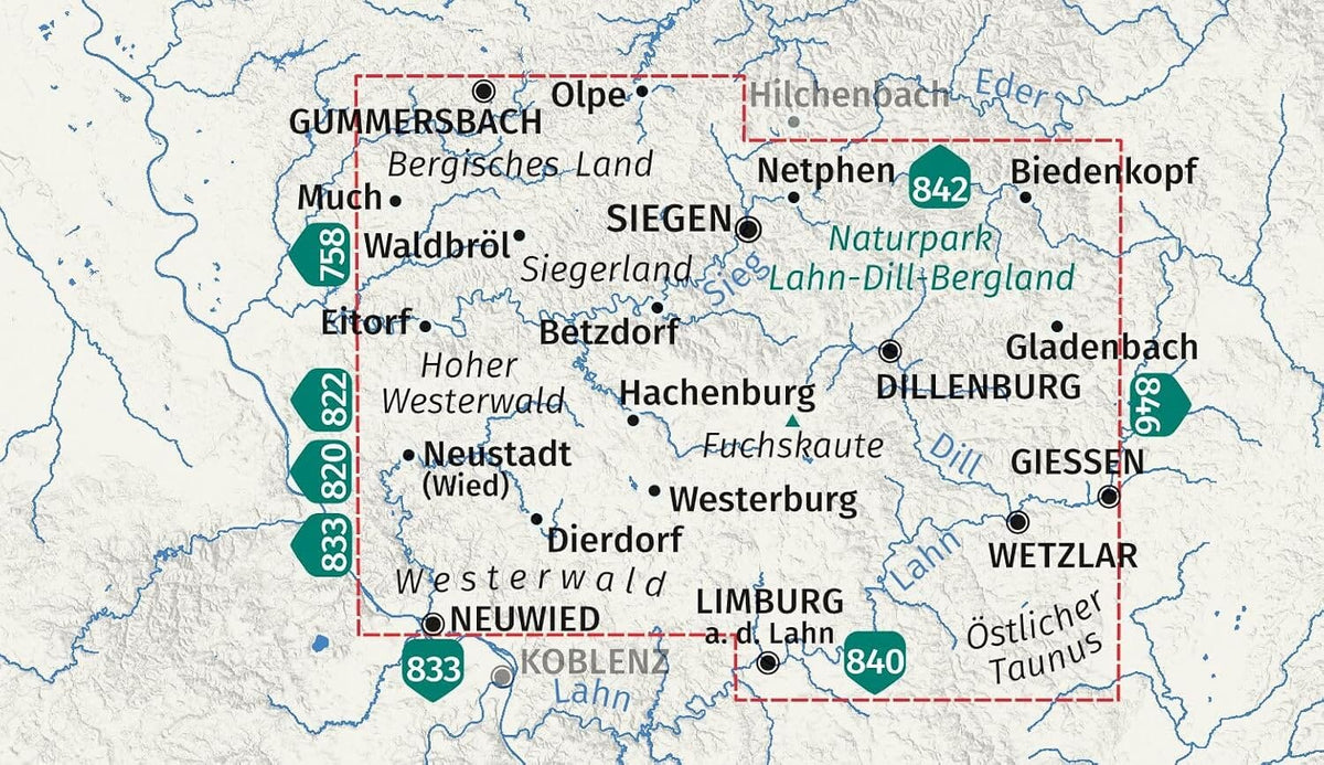 Carte de randonnée n° 847 - Westerwald, Siegen, & parc naturel Lahn-Dill-Bergland (Allemagne) | Kompass carte de randonnée Kompass 