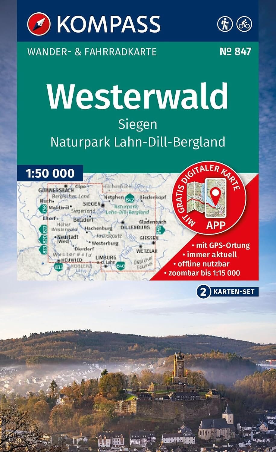 Carte de randonnée n° 847 - Westerwald, Siegen, & parc naturel Lahn-Dill-Bergland (Allemagne) | Kompass carte de randonnée Kompass 