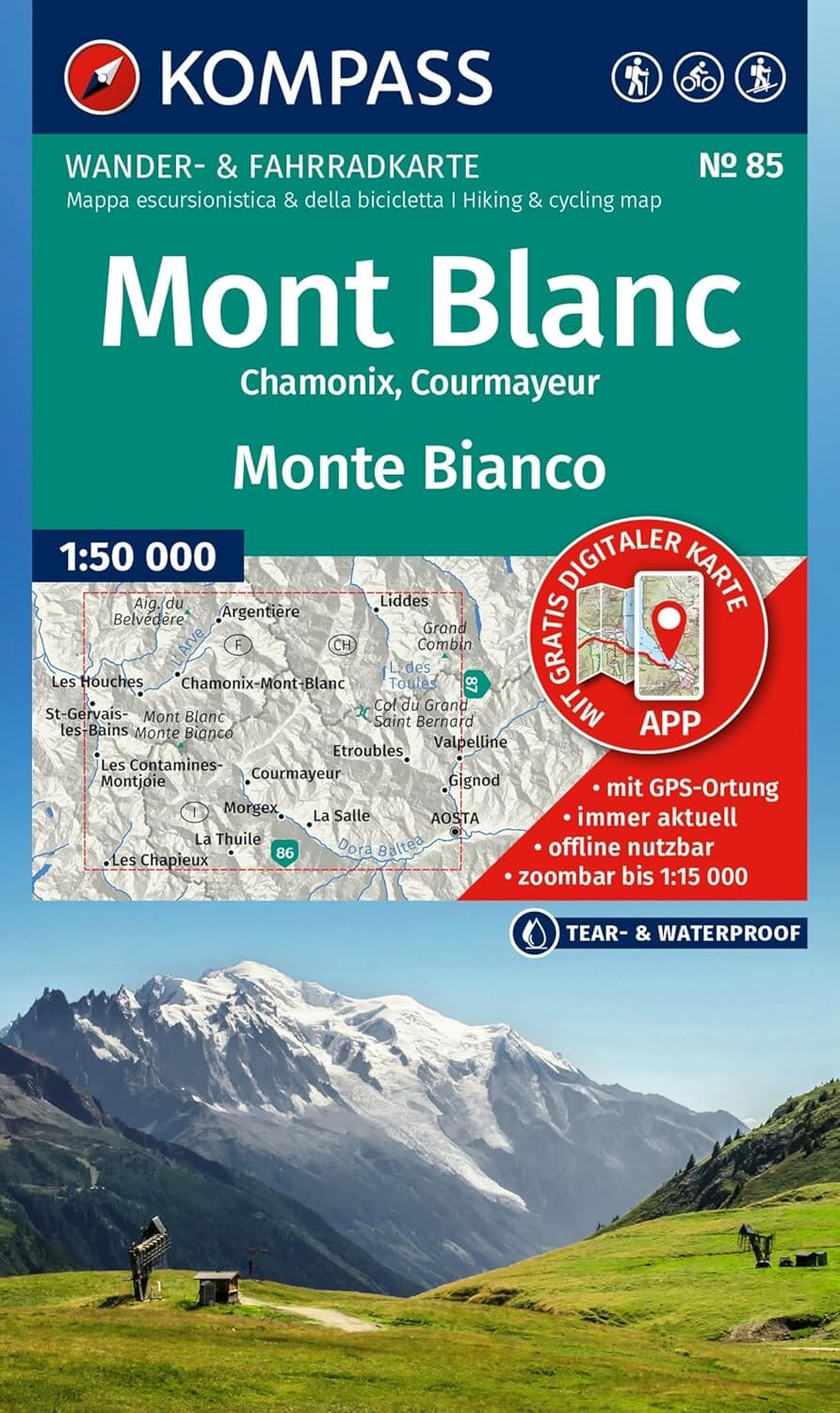Carte de randonnée n° 85 - Mont Blanc, Chamonix, Courmayeur | Kompass carte de randonnée Kompass