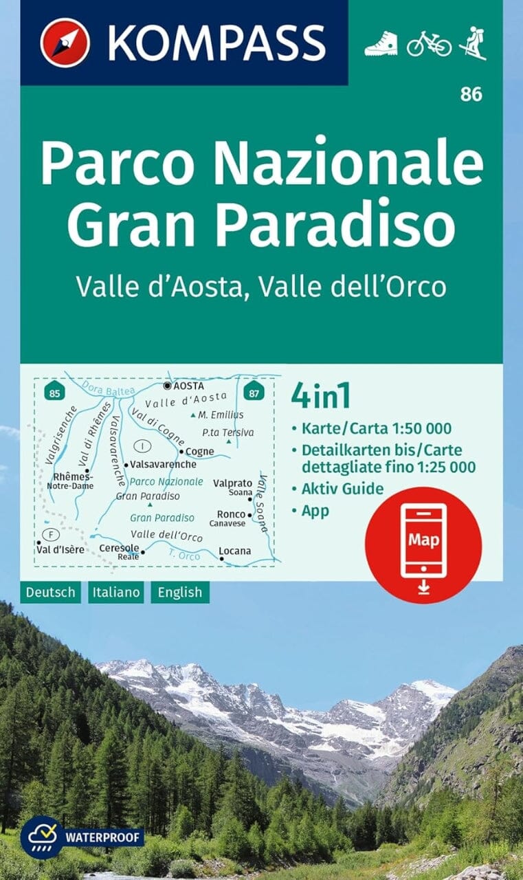 Carte de randonnée n° 86 - Parc national du Grand Paradis, Vallée d'Aosta et d'Orco (Italie) | Kompass carte de randonnée Kompass