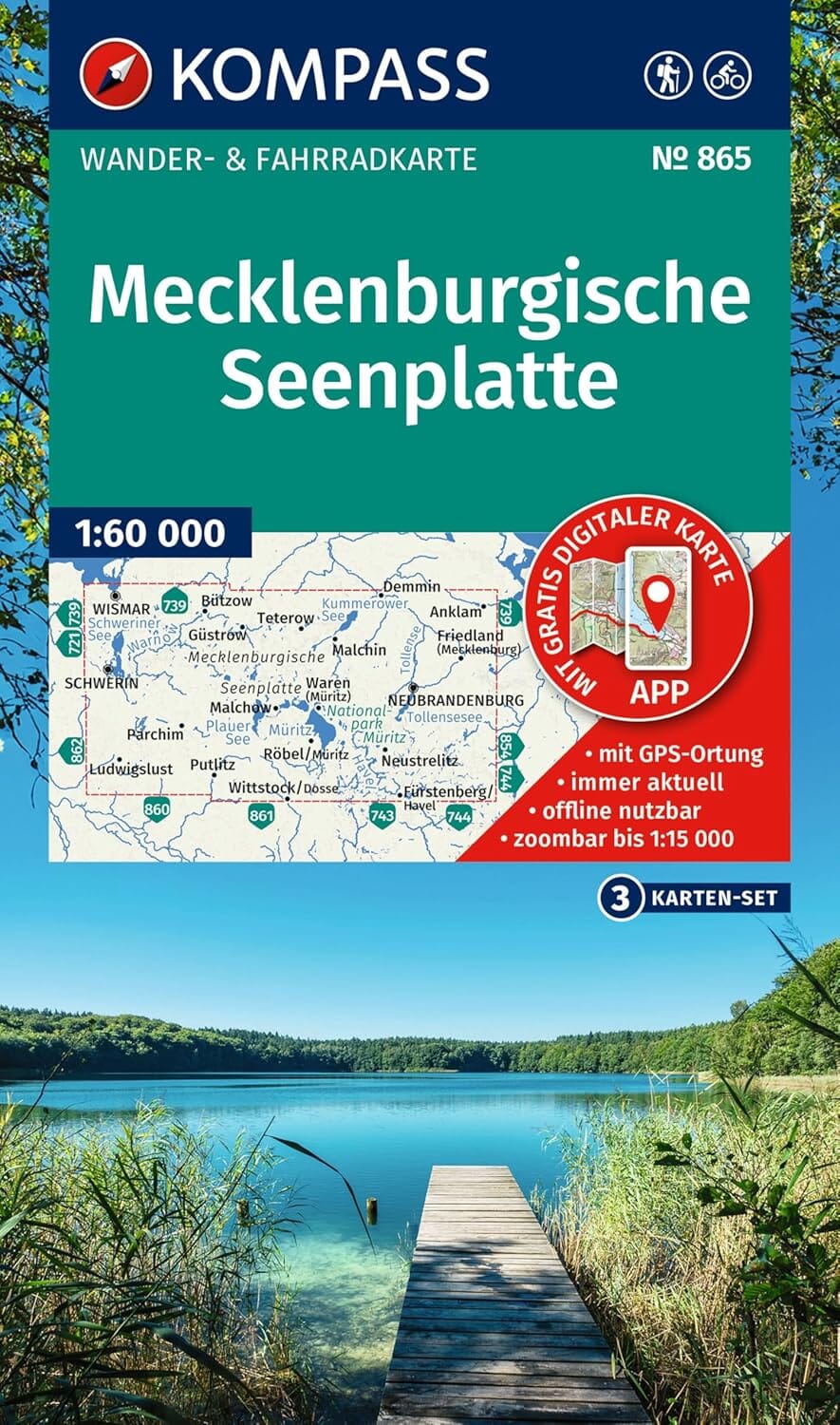 Carte de randonnée n° 865 - Mecklenburgische Seenplatte (Lacs du Mecklembourg, Allemagne) | Kompass carte pliée Kompass 