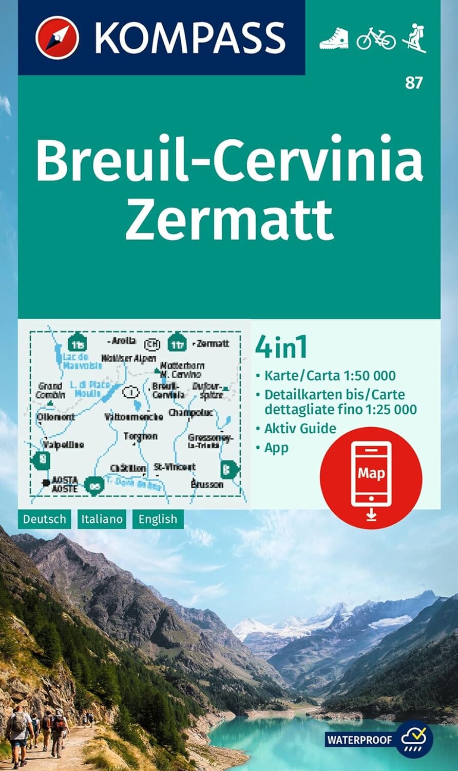 Carte de randonnée n° 87 - Breuil-Cervinia, Zermatt (Italie, Suisse) | Kompass carte de randonnée Kompass