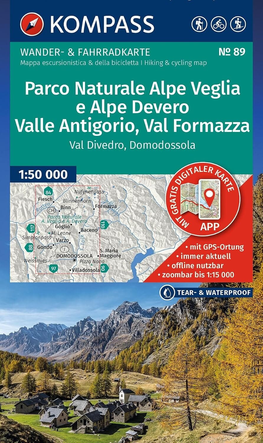 Carte de randonnée n° 89 - Parc naturel de l'Alpe Veglia-Alpe Devero, vallée d'Antigorio, Val Formazza, Val Divedro, Domodossola (Italie, Suisse) | Kompass carte de randonnée Kompass 