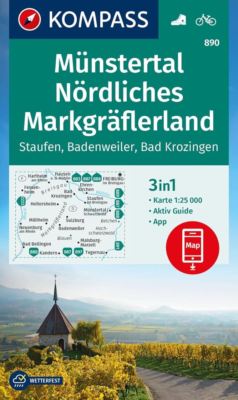 Carte de randonnée n° 890 - Münstertal, Nördliches Markgräflerland (Allemagne) | Kompass carte de randonnée Kompass