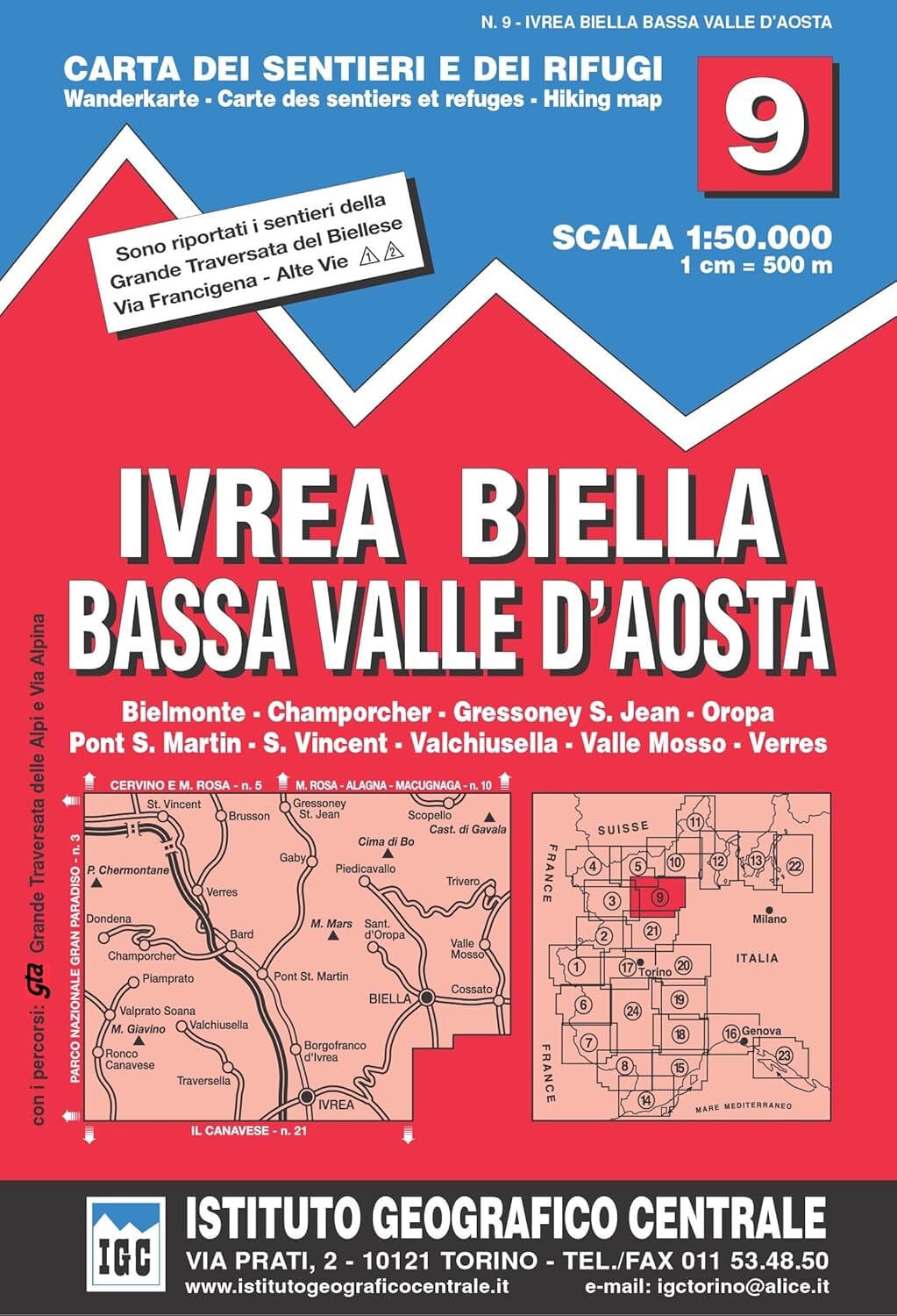 Carte de randonnée n° 9 - Ivrea, Biella e bassa Val d'Aosta | Istituto Geografico Centrale - 1/50 000 carte de randonnée Istituto Geografico Centrale 