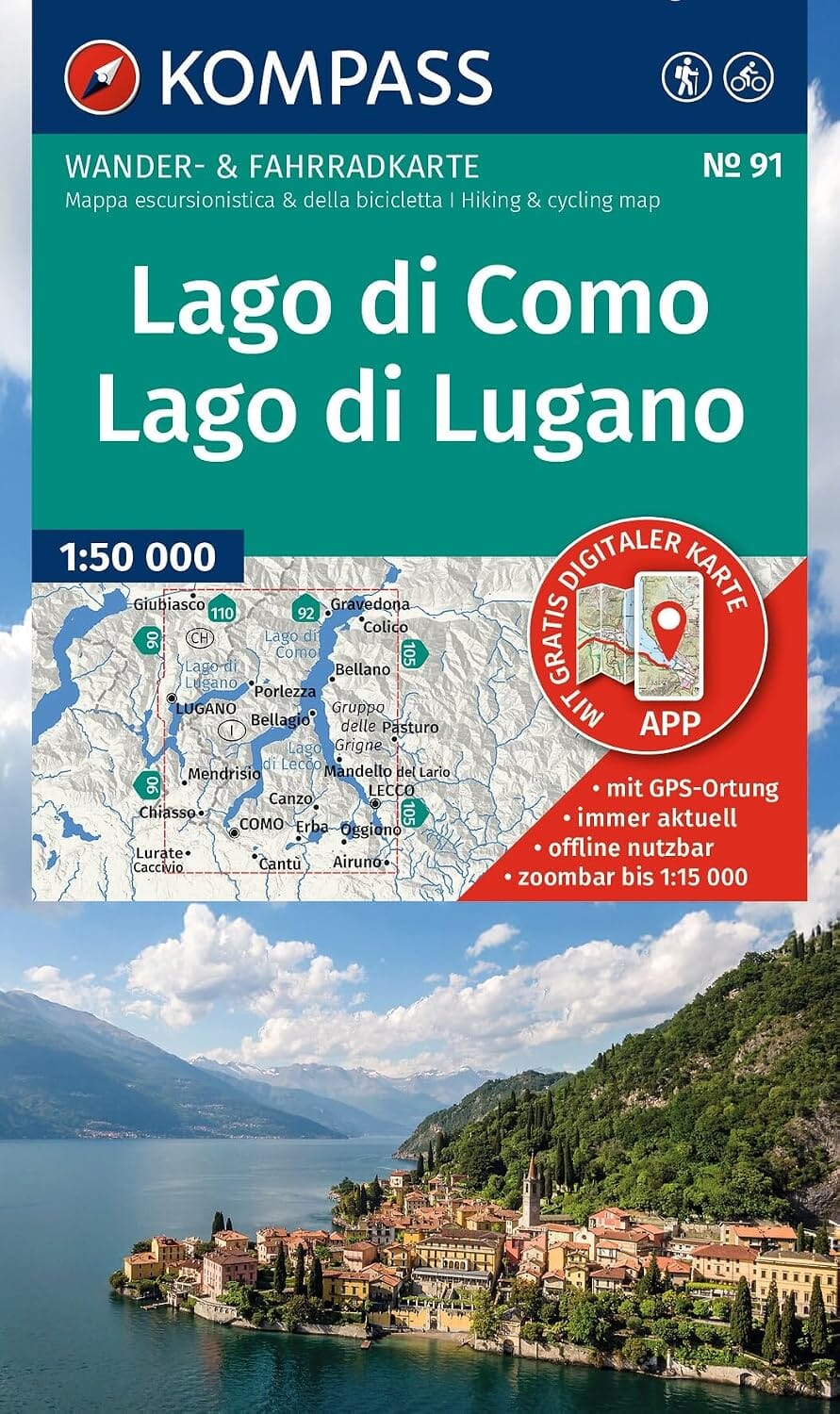 Carte de randonnée n° 91 - Lac de Côme, lac de Lugano (Italie, Suisse) | Kompass carte de randonnée Kompass 