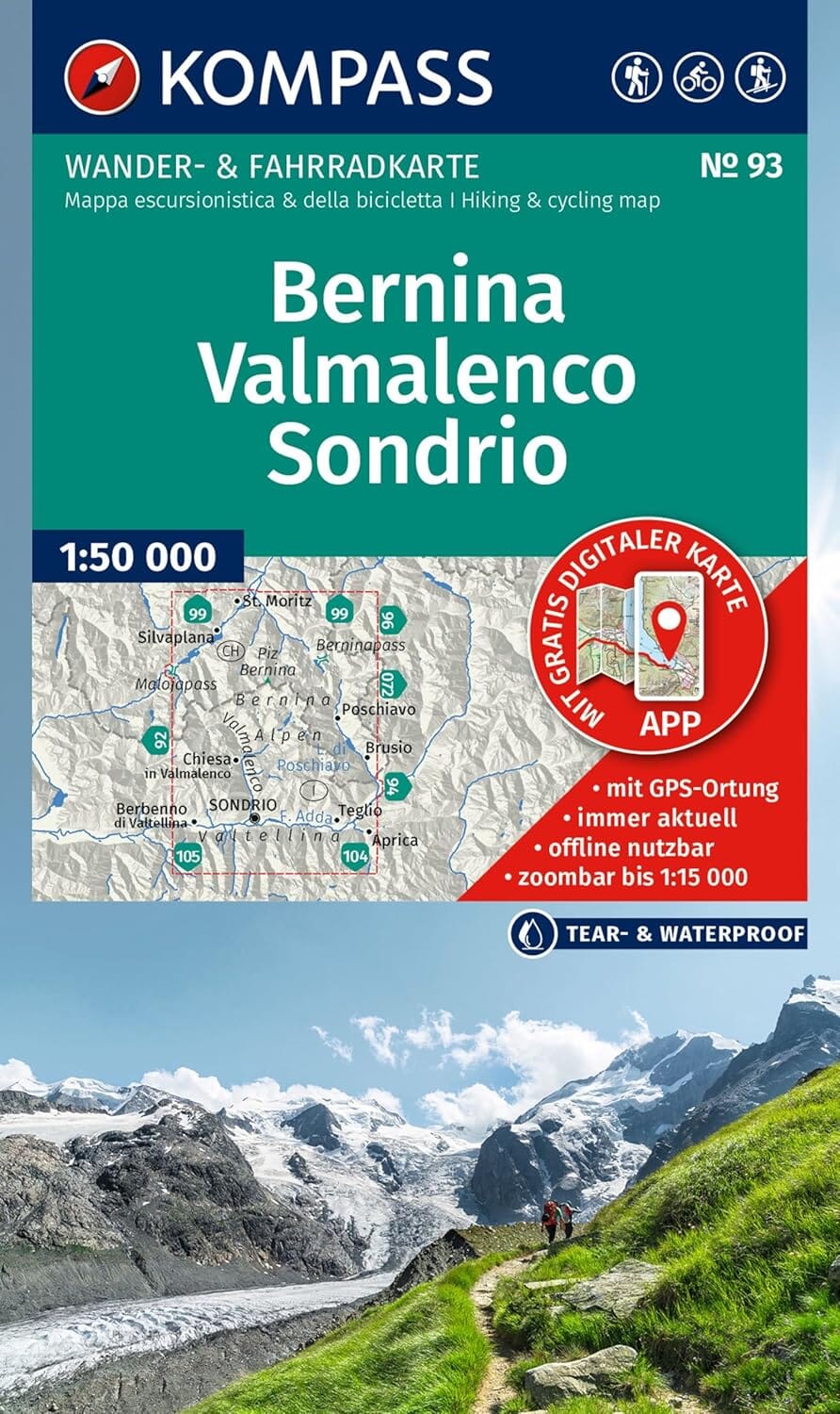 Carte de randonnée n° 93 - Bernina, Valmalenco, Sondrio (Italie, Suisse) | Kompass carte de randonnée Kompass
