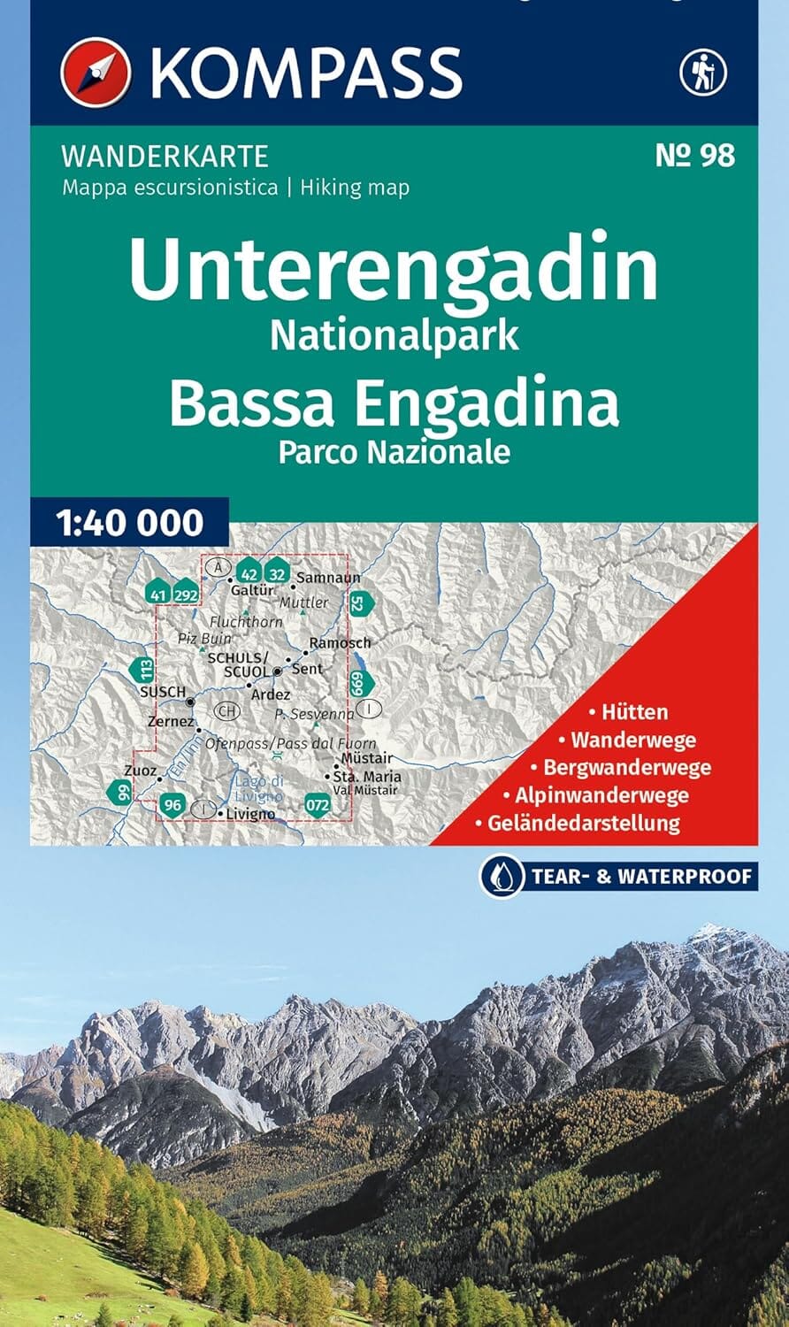 Carte de randonnée n° 98 - Unterengadin NP, Basse-Engadine (Suisse) | Kompass carte de randonnée Kompass 