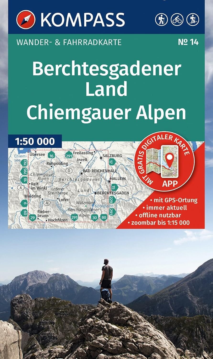 Carte de randonnée - Région de Berchtesgaden & Alpes de Chiemgau | Kompass 14 - 1:50 000 carte de randonnée Kompass