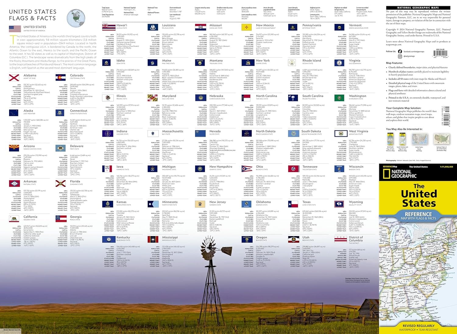 Carte de référence - USA, avec états et drapeaux | National Geographic carte routière National Geographic